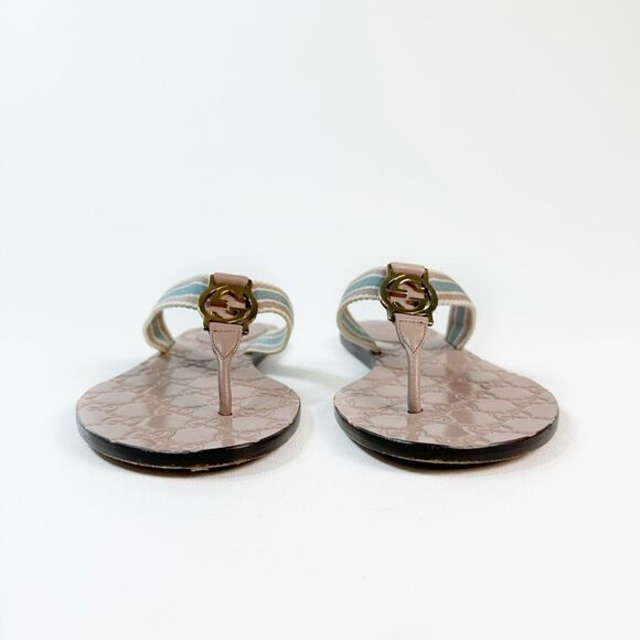 GUCCI Nude Web Stripe GG Sandal 37.5 Flat Flip Flop Leather Guccissima Embossed - Picture 6 of 13